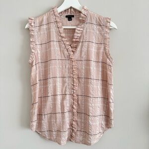 Ann Taylor Ruffle Trim Sleeveless Blouse Pink White Windowpane Small
